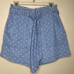 VERA MODA Shorts Blue White Organic Cotton Paper Bag Waist Belted Polka Dot Med
